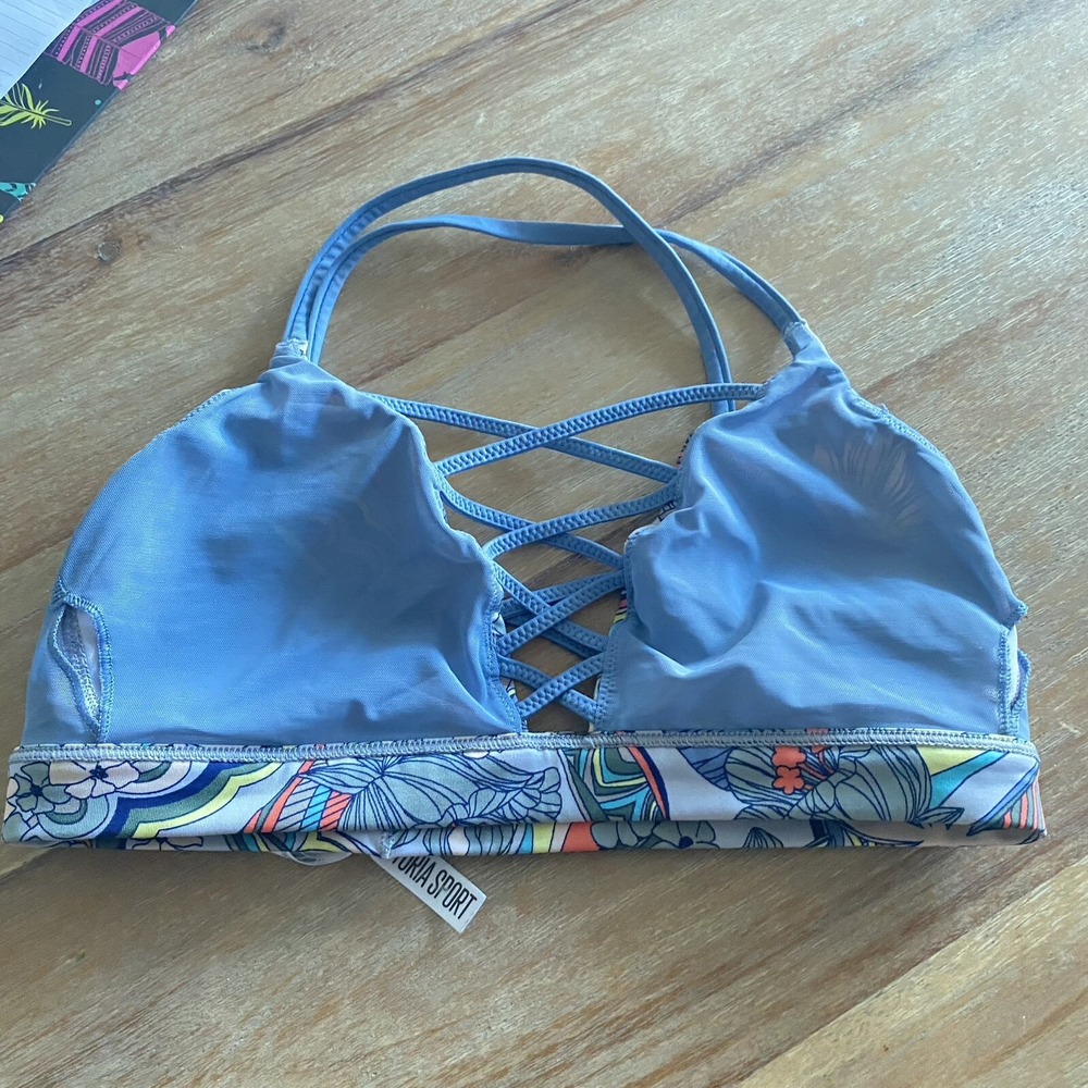 Victoria Sport Blue Tropical Floral Strappy Lattice Front Sports Bra Small - Picture 6 of 7